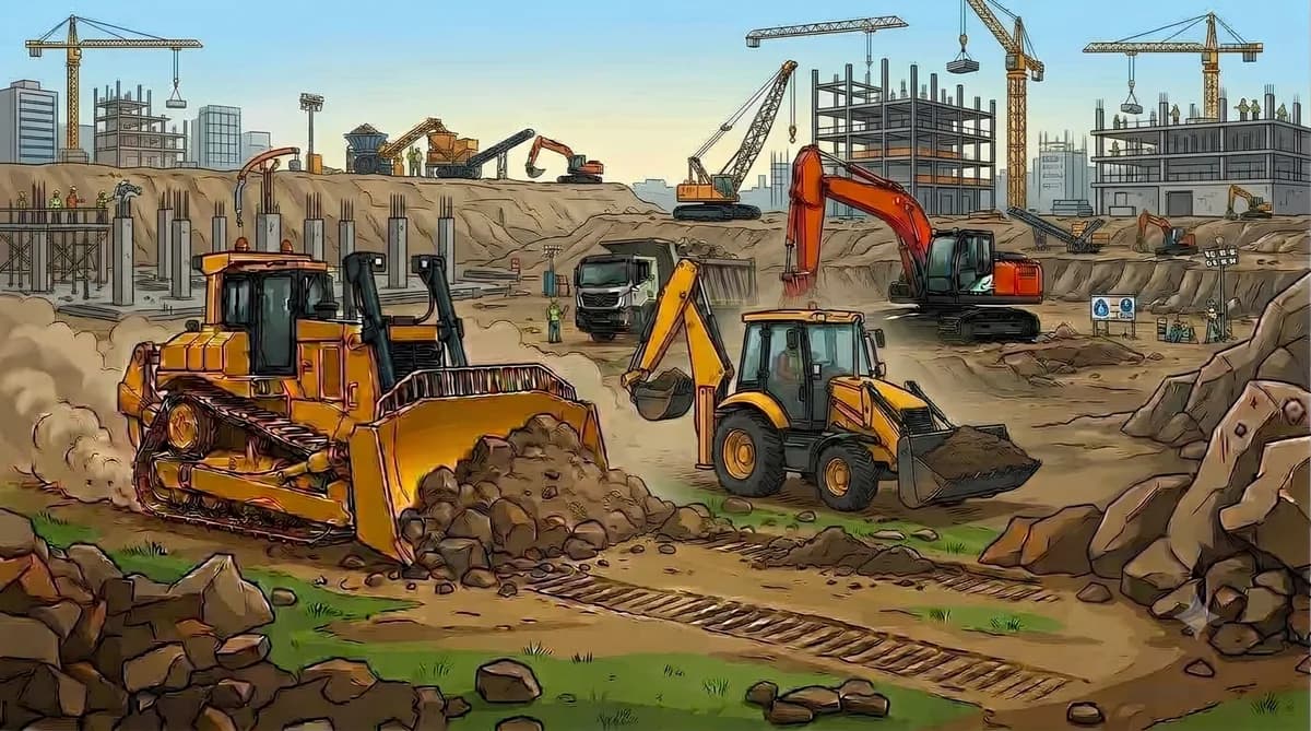 Illustration of a backhoe loader working beside a bulldozer on a construction site