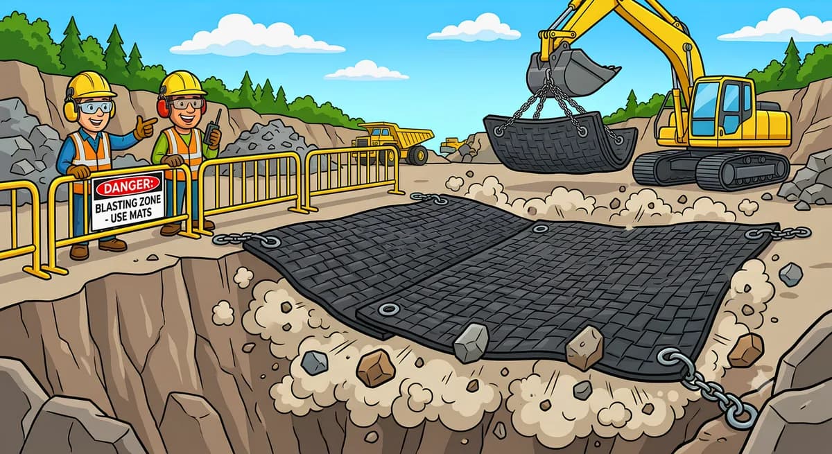 Illustration of rubber blasting mats chained over a blast area, with an excavator lifting another mat into place