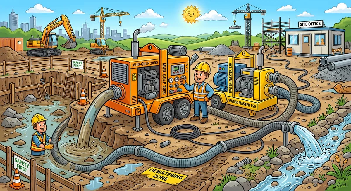 Illustration of two trailer-mounted dewatering pumps drawing water out of a flooded excavation