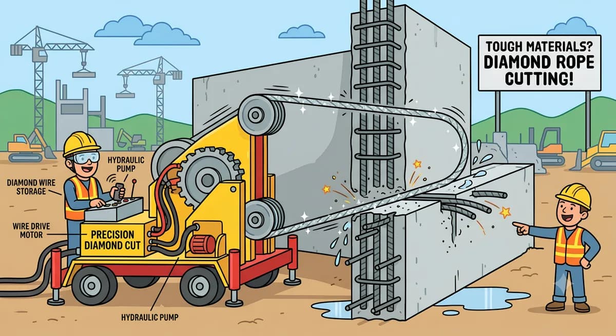 Illustration of a diamond wire rope cutting machine slicing through a reinforced concrete block