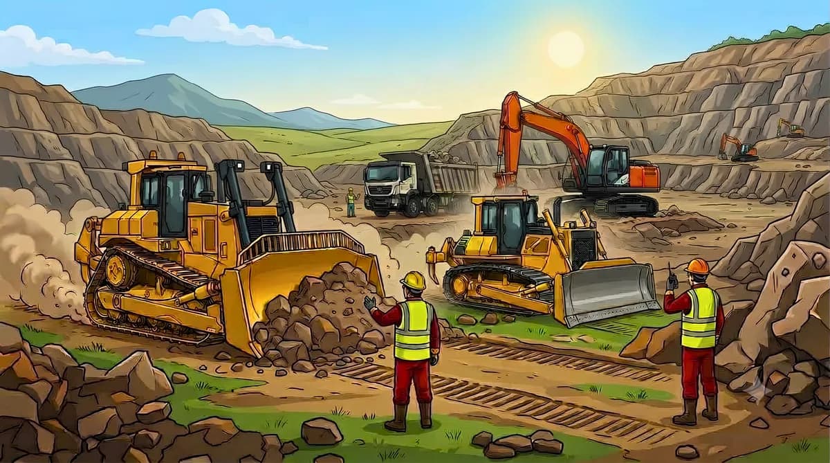 Illustration of bulldozers pushing earth and rock at an excavation site