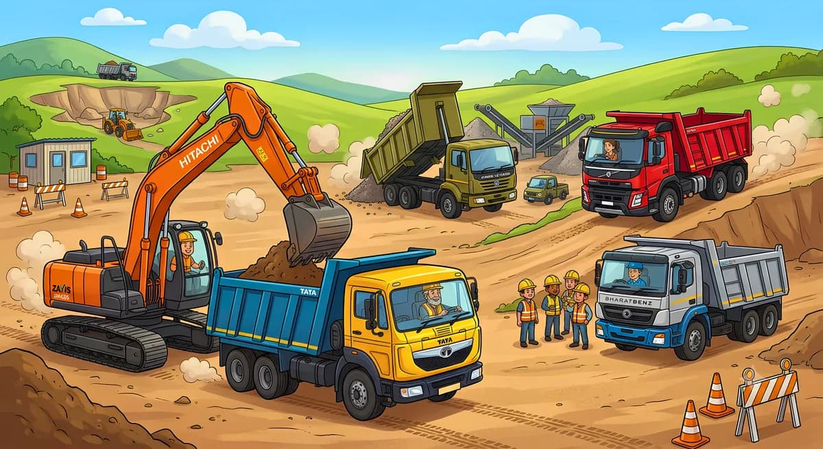 Illustration of an excavator loading a tipper dumper, with more dumpers hauling material