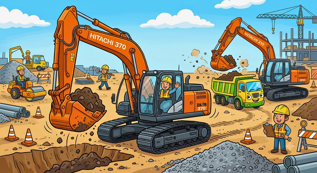 Illustration of Hitachi excavators digging and loading soil on a construction site