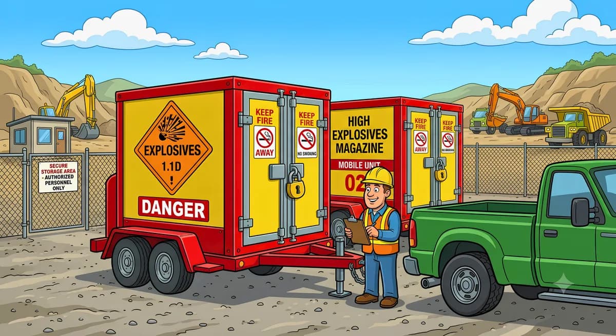 Illustration of locked, trailer-mounted explosives magazines inside a fenced secure storage area