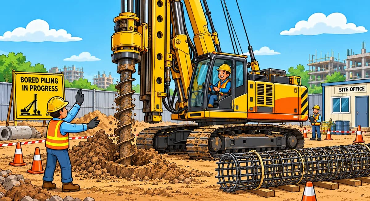 Illustration of a crawler hydraulic rotary rig boring a pile with an auger, with a rebar cage alongside