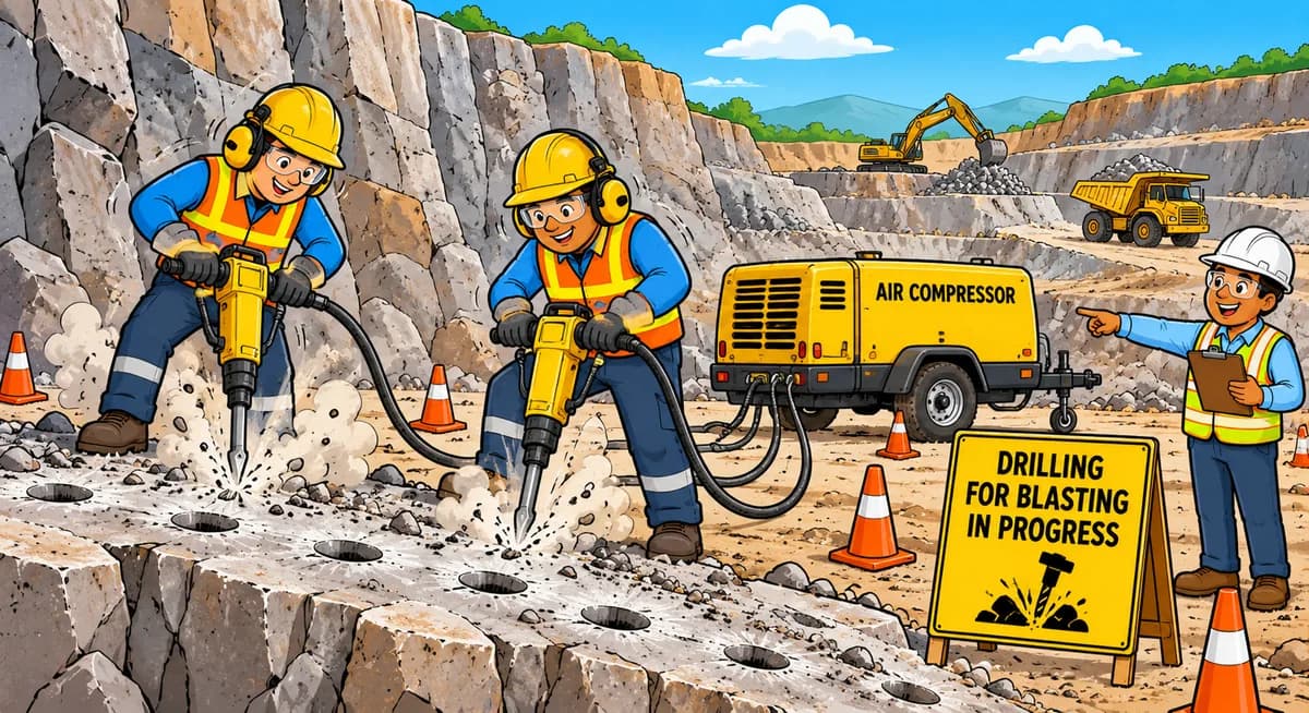 Illustration of two workers drilling blast holes in rock with pneumatic jack hammer drills powered by an air compressor