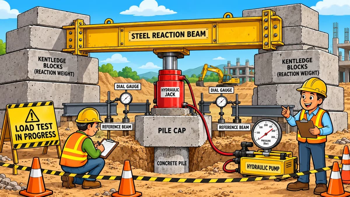 Illustration of a pile load test with a hydraulic jack pushing against a steel reaction beam held down by kentledge blocks