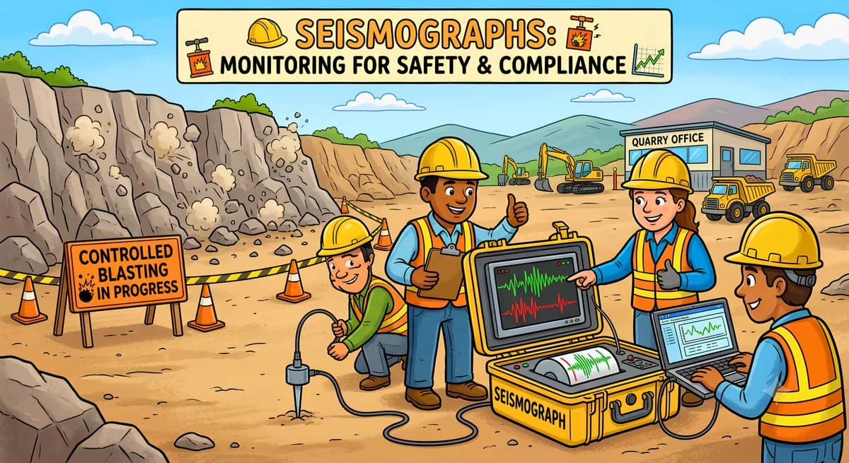 Illustration of engineers reading a seismograph during controlled blasting at a quarry