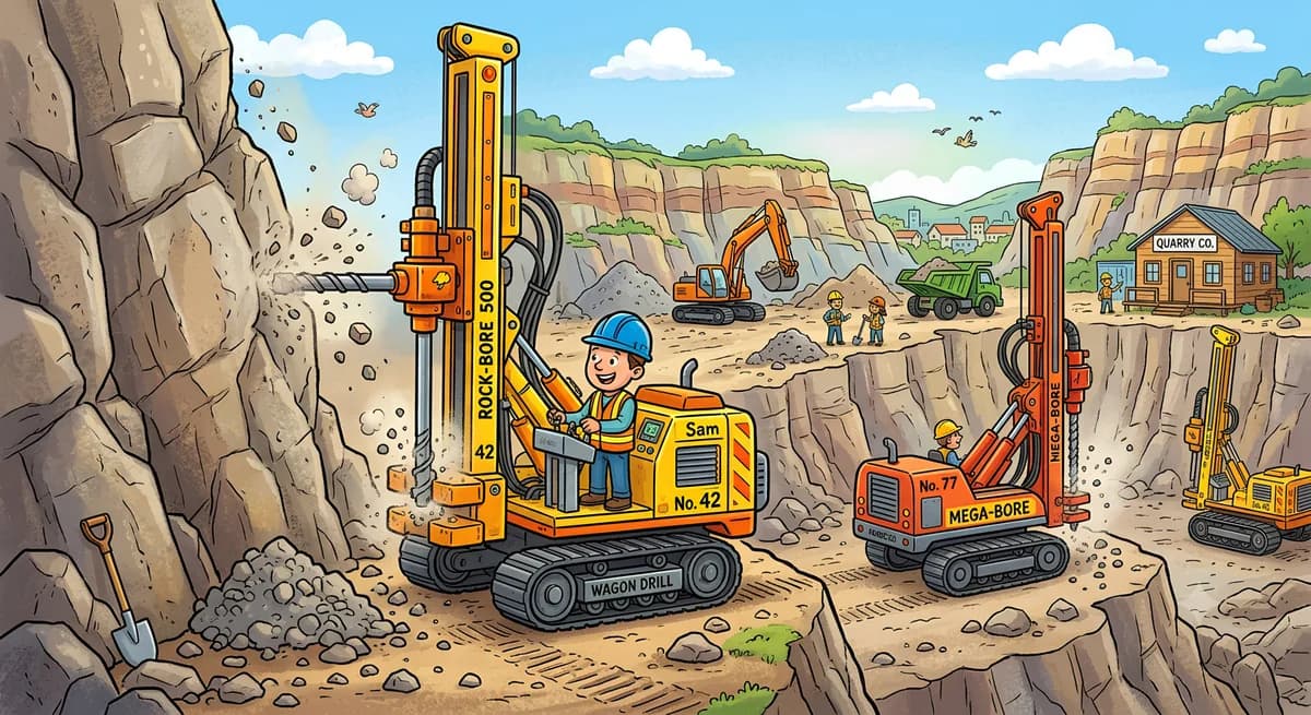 Illustration of crawler-mounted wagon drills boring blast holes into a quarry rock face