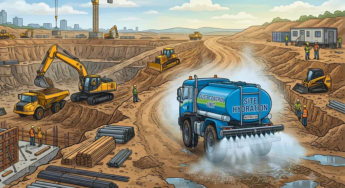 Illustration of a water tanker spraying water to settle dust on a site haul road